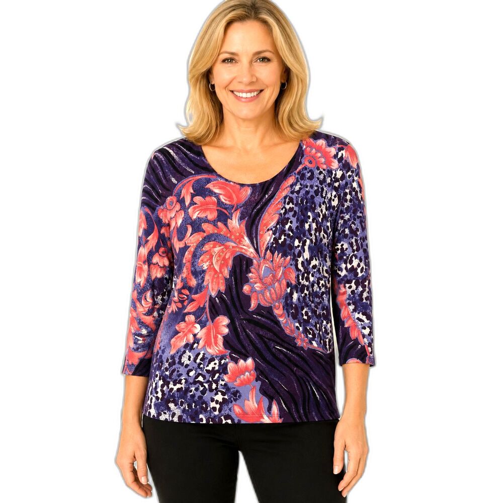 Pierri New York L Beaded Floral Animal Print 3/4 Sleeve Stretch Top